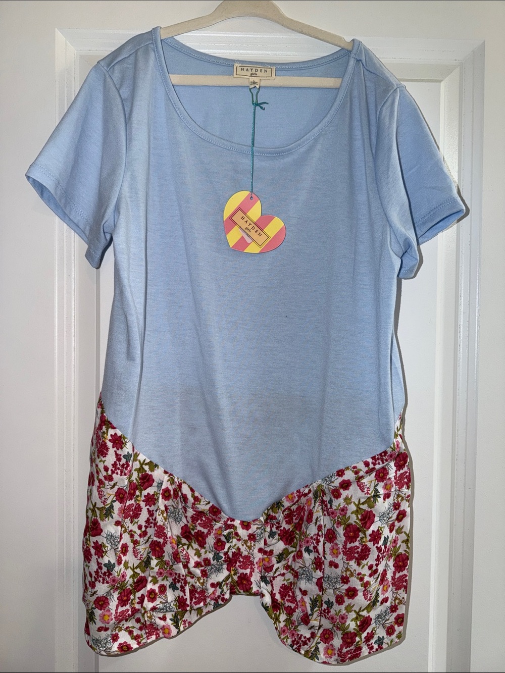Hayden Light Blue Tee with Pink & Green Floral Hem